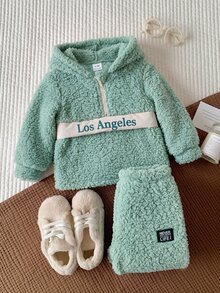 SHEIN 男嬰可愛休閒秋冬米色毛絨連帽衛衣與鬆緊腰長褲套裝 - 綠色 - 查看 5