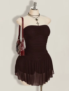 SHEIN ICON Women's Plus Size Retro Goth Sexy Fashion Individual Simple Elegant Y2K Black Strapless Mesh Dress With Gathered Chest Going Out Rave Summer - Brown - View 6