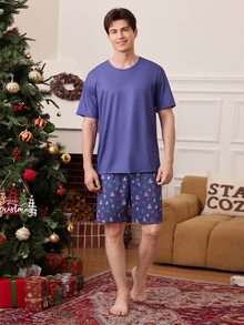 CoupledUp Christmas Tree Print Men's Casual Short Sleeve Shorts Pajama Set - Multicolor - View 5