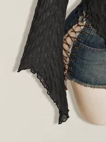 SHEIN ICON 不對稱下擺喇叭袖復古性感植絨網紗透視前開襟女款上衣 夜出穿搭 棕色系 夏季 - 深灰色 - 查看 8