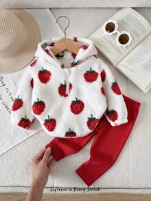 Cozy Pixies 2件組女嬰休閒日常舒適印花毛絨連帽套頭衛衣 秋冬彈性針織修身打底褲衛衣套裝 - 彩色 - 查看 6