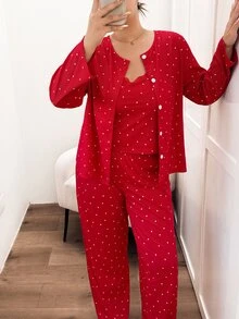 Napfluff CURVE Napfluff CURVE Plus Size Women's 3 Pieces Pajama Set, Knitted Ribbed Fabric With Heart Print And Contrast Lace, Red Cute Sweet Sexy Camisole, Long Pants And Robe, Wearable As Loungewear - Red - View 6