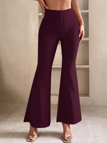 SHEIN PETITE 女款素色優雅喇叭長褲，適合辦公與通勤 - 紫紅色 - 查看 6