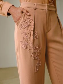 ZEYLAH Women's Embroidered Beaded Tube Pocket Suit Pants For Office - Khaki - View 2