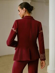 ZEYLAH Women's Elegant Embroidered Long Sleeve Blazer With Notch Lapel - Burgundy - View 3