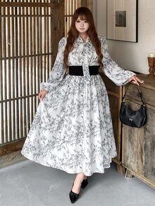 Bijouette 大尺碼花卉印花繫帶長袖度假洋裝 - 白色 - 查看 1