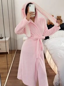 Napfluff روب نسائي وردي من الفرو الناعم بغطاء رأس وأذني أرنب طويل، لطيف، بأكمام طويلة وفتحة أمامية وحزام - وردي - مشاهدة 5