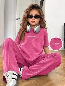 SHEIN 女童字母印花圓領短袖T恤與長褲休閒日常套裝 - 玫紅色 - 查看 7