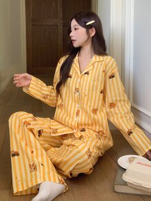 DAZY Women's Cartoon Animal Striped Single-Breasted Top And Long Pants Pajama Set - Yellow - View 9