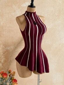 Soleia Women's Plus Size Striped Asymmetrical Hem Knit Top - Red and White - View 6