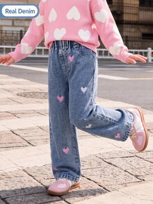 SHEIN Genkimix Kids 女童愛心刺繡寬腿牛仔褲，鬆緊腰休閒牛仔長褲，可愛甜美嬰幼兒女童款 - 淺色水洗藍 - 查看 3
