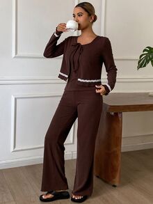 DAZY Women's Minimalist Tank Top And Long Pants With Embroidered Cardigan Pajama Set - Coffee Brown - View 6