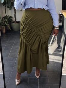 Slaydiva Autumn/Winter Casual Street Khaki Asymmetric Ruched Fishtail Skirt Plus Size Fall - Army Green - View 7