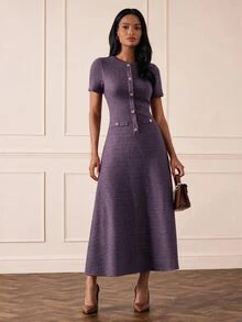 Lilora 女款百搭時尚鈕扣短袖洋裝，深紫色優雅夏季款，適合度假、派對、辦公室與茶會 - 紫色 - 查看 4