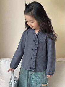 Dazy Kids Young Girl Sweet Ruffle Trim Button Long Sleeve Blouse - Blue - View 6