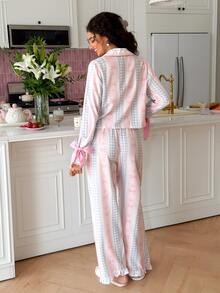 SweetSlumber Women's Sweet INS Striped Bow Plaid Print Contrast Color Lapel Long Sleeve Long Pants Pajama Set - Multicolor - View 2