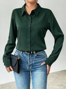 Structelle 女款純色前開鈕扣長袖襯衫，秋季長袖上衣 - 墨綠色 - 查看 5