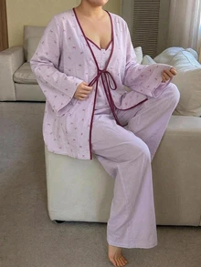 Dazy Plus 3pcs Colorblock Floral Camisole Cardigan Top & Long Pants Loungewear Set, Spring Summer Autumn Pajama Set - Dusty Purple - View 5