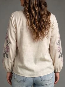 Linhara CURVE Plus Size Intricate Multicolor Floral V-Neck Long Sleeve Loose Blouse, Casual Elegant Shirt For Outings, Dates, Gatherings And Parties Fall - Apricot - View 2