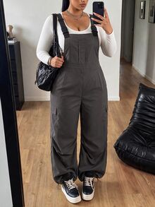 POPSWAY Plus Size Women's Casual Minimalist Commuter Woven Grey Utility Overall Jumpsuit, Autumn/Winter - Grey - View 1