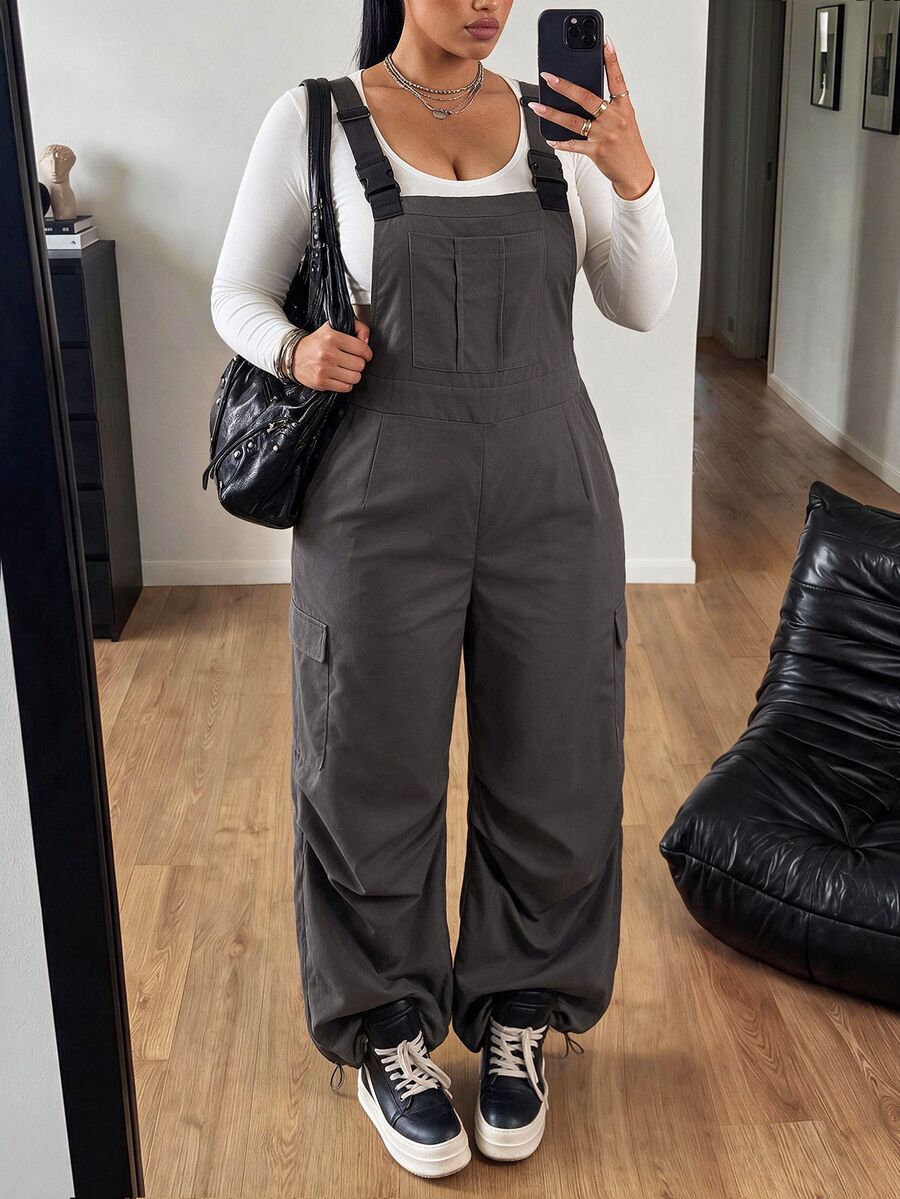 POPSWAY Plus Size Women's Casual Minimalist Commuter Woven Grey Utility Overall Jumpsuit, Autumn/Winter - Grey - View 1