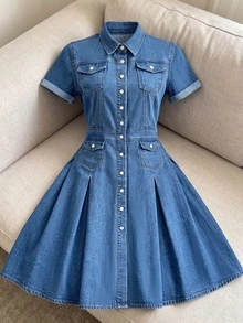 GlowEve Women's Pleated Casual Daily Summer Denim Dress - Blue - View 1