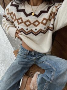FavEase Women's Autumn/Winter Casual Cute Maple Leaf Fair Isle Pattern Crew Neck Knit Sweater - Multicolor - View 4