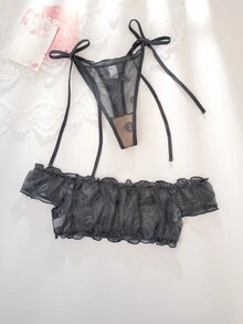 PetitDoll 女款唇形提花網紗內衣套裝，附綁帶丁字褲，2件組 - 深灰色 - 查看 3