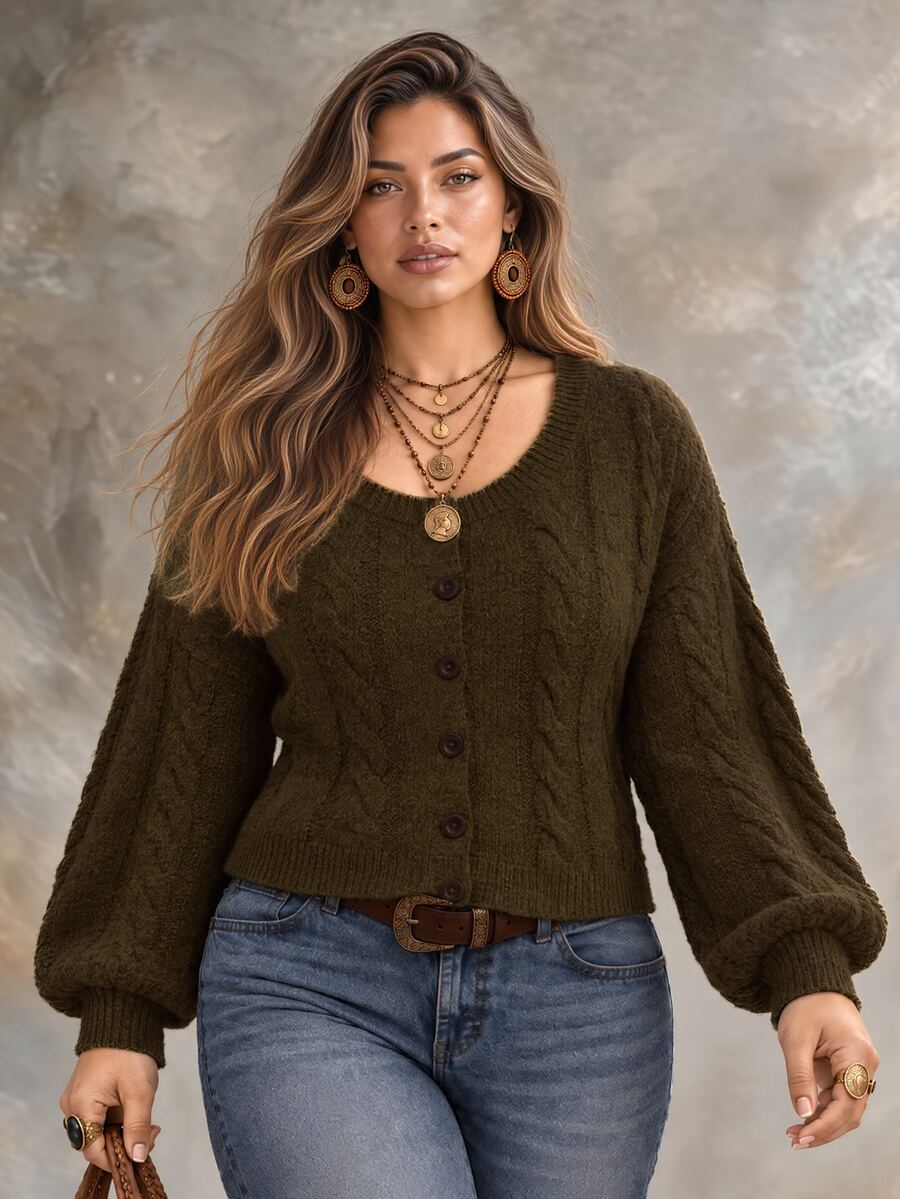Ceyna Plus Size Vintage Cable Knit Button Long Sleeve Sweater - Green - View 1