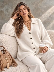 Ceyna Plus Size Women's Solid Color Single-Breasted Casual Daily Cardigan - White - View 7