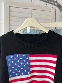 SHEIN 青少年女孩旗幟圖案休閒日常長袖針織衫 - 黑色 - 查看 5