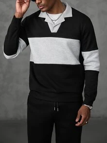SLATEMANN Herr sweatshirt med färgblock, lång ärm, avslappnad och mångsidig pullover - Svart - Visa 5