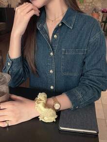 DAZY Light Wash Blue Collared Pocket Loose Long Sleeve Denim Shirt Spring Summer Autumn - Blue - View 4