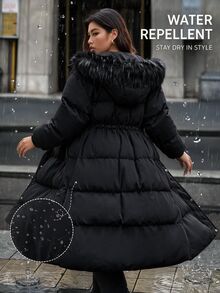 Easura Plus Size Autumn/Winter Long Sleeve Hooded Detachable Fur Collar Padded Coat - Black - View 2