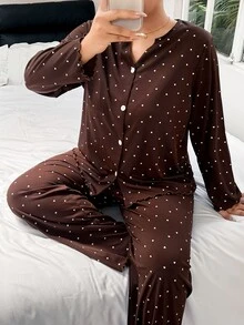 Napfluff CURVE Napfluff CURVE Plus Size Women's Knit Ribbed Fabric Heart Print Casual Minimalist Fashion Open Front V-Neck Long Sleeve Long Pants All-Season Wearable Lounge Set - Brown - View 5