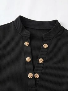 Linhara CURVE Plus Size Ribbed Knit Long Sleeve Top, Notched V Neck Decorative Button Slim Fit Curvy Women Tee, Fall Basic Casual Fitted Shirt Ribbed KnitLong Sle - Black - View 6
