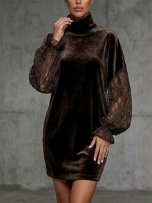 LUMIGAL Women's Knitted Elegant Fall Short Dress - Coffee - View 4