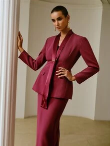 ZEYLAH Women's Elegant Suit Set With Metal Decor Lapel Blazer And Skirt - Burgundy - View 4