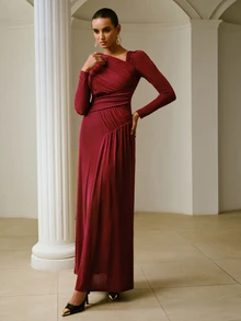ZEYLAH Women's Solid Color Pleated Casual Party Long Sleeve Dress - Burgundy - View 5