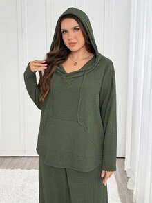 Easowa Curve Plus Size Women Solid Color Long Sleeve Pocket Drawstring Hooded Top And Pants Casual 2 Pieces Set Fall - Olive Green - View 6