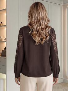 Medorina Women's V-Neck Lace Patchwork Casual Daily Wear Top - Brown - View 2