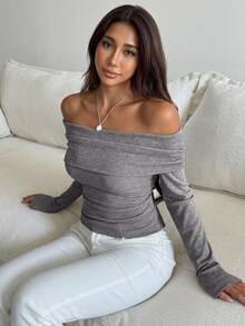 DAZY 女款淺灰色圓領長袖純色寬鬆休閒落肩百搭多功能T恤，秋季 - 淺灰色 - 查看 7