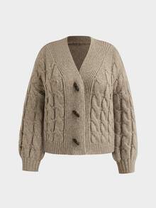 Sweetra Plus Size Fashion Cable Knit Horn Button Long Sleeve Sweater - Apricot - View 1