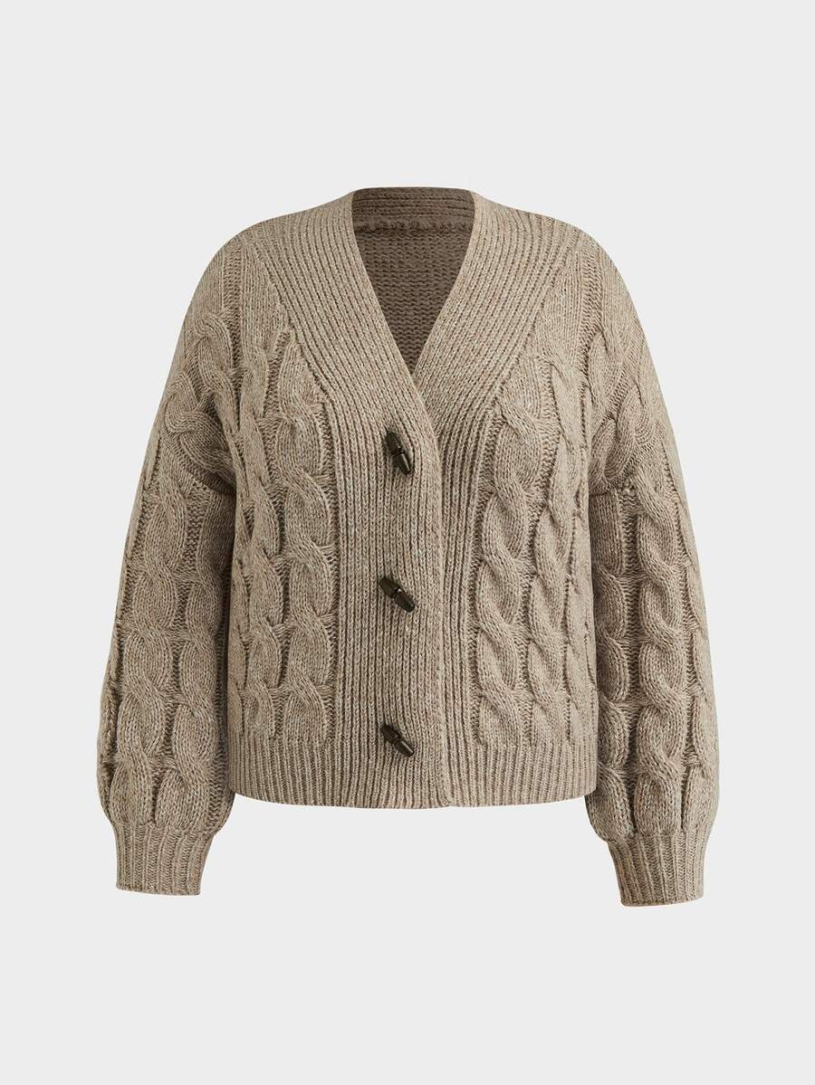 Sweetra Plus Size Fashion Cable Knit Horn Button Long Sleeve Sweater - Apricot - View 1
