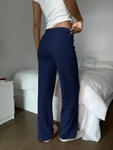 SHEIN EZwear 女款休閒綁帶腰長褲，適合辦公、日常穿著與外出 - 藏蓝色 - 查看 2