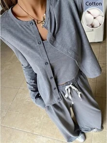 SHEIN EZwear Autumn/Winter Comfortable Knit Casual 3 Pieces Set - Grey - View 1