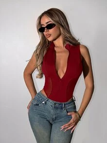 SHEIN ICON Y2K 女款萬聖節黑色性感時尚拉鍊網紗拼接連身衣 - 酒紅色 - 查看 7