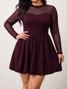 Enliva Plus Size Women's Solid Color Round Neck Long Sleeve Mesh Fashion Dress/Autumn /Winter Fall - Red Violet - View 5