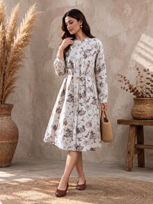 Rusticease Women's All-Over Print Casual Party Mid-Length Dress - Beige - View 5