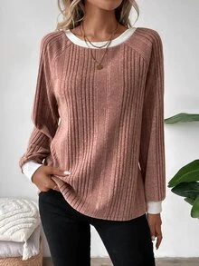 SHEIN LUNE 2024秋冬女款新款Merlet色圓領衛衣，長袖上衣，米色休閒早午餐秋季女裝 - 粉色 - 查看 5
